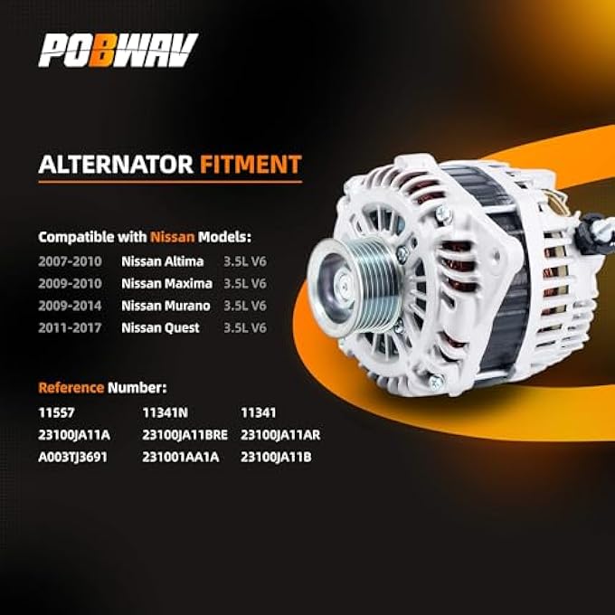 POBWAV 11341N Alternator Compatible with Nissan Altima 2007 2008 2009 2010 Maxima 2009 2010 Murano 2009-2014 Quest 2011-2017 V6 3.5L Replacement for 11341 23100-1AA1A, 23100-1AA1B, 23100-JA11A - Image 2