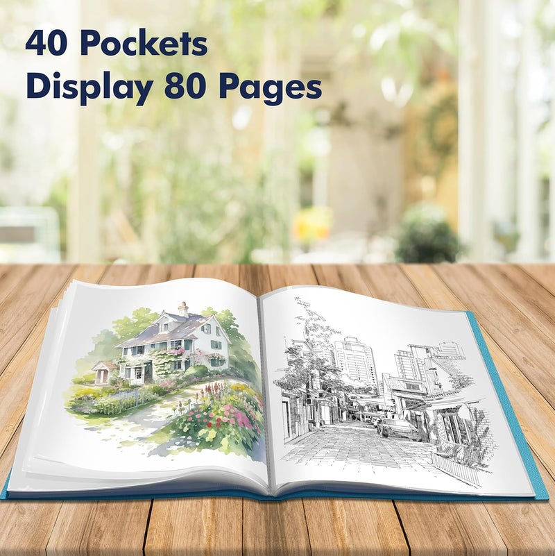 فانتاسي حافظة محفظة الفنون، 40 جيبًا شفافًا، واقيات ورق أكوا، كتاب عرض شفاف 80 صفحة للأعمال الفنية، الرسائل، أوراق التقارير (يتسع لمقاس 8.5 × 11.7 بوصة) - Image 2