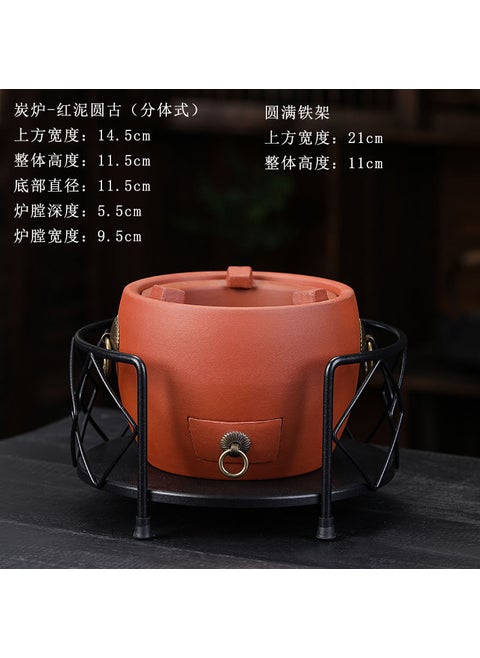 Handmade Thin Pot Teapot Ceramic Side Handle Charcoal Stove-Red Mud Round Ancient + Iron Frame Complete
