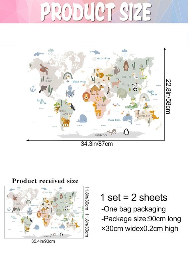 Animal World Map Wall Decals, 2 Sheets Jungle Animal Wall Stickers, Educational Vinyl DIY Removable Peel and Stick for Kids Boys Bedroom Nursery Classroom Home Decor - Image 2