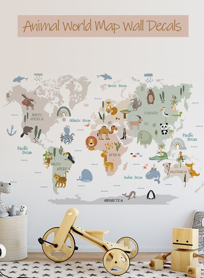Animal World Map Wall Decals, 2 Sheets Jungle Animal Wall Stickers, Educational Vinyl DIY Removable Peel and Stick for Kids Boys Bedroom Nursery Classroom Home Decor - Image 1