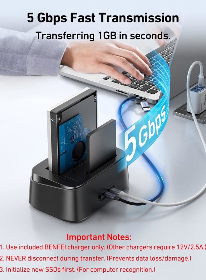 Benfei Hard Drive Docking Station with UASP Offline Clone Function, USB C Dual Bay Dock for 2.5/3.5" HDD SSD, Up to 5Gbps | Tool Free Installation - Image 2
