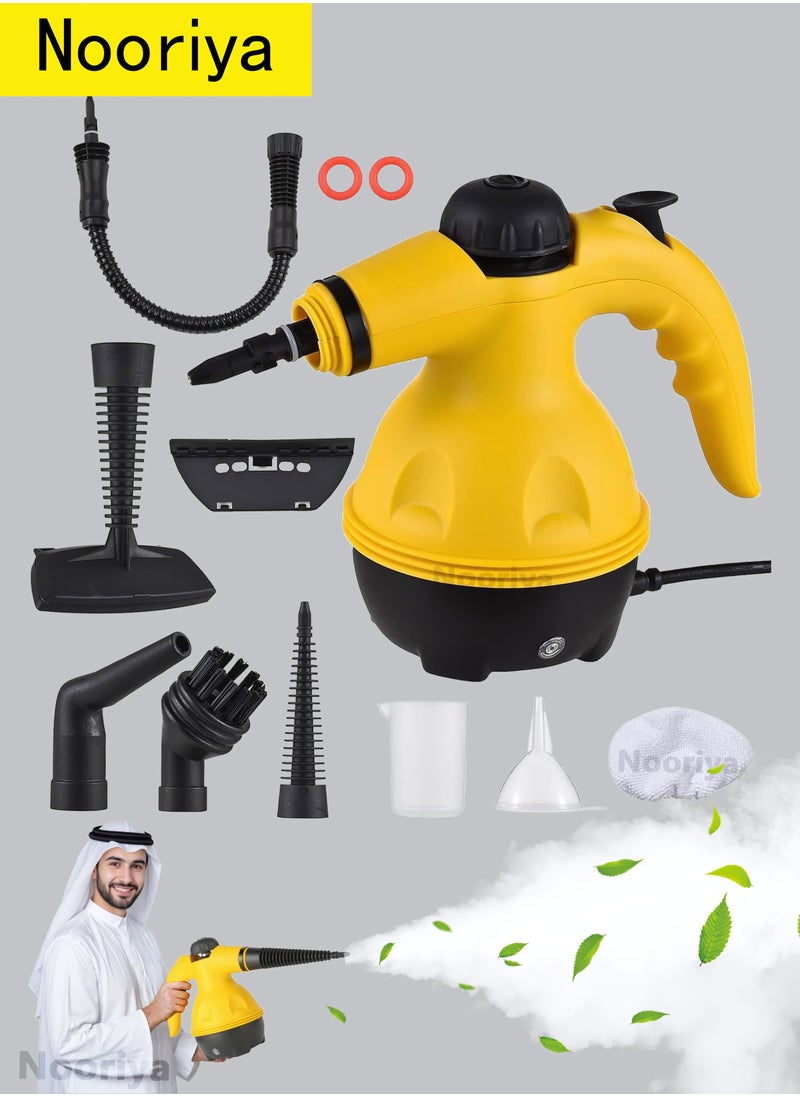 نُورِيَّة جهاز تنظيف بالبخار محمول باليد بقدرة 1000 واط، جهاز تنظيف بالبخار المضغوط بدرجة حرارة عالية متعدد الوظائف مع 9 قطع ملحقات للمطبخ والأريكة والحمام ونوافذ السيارة  - Image 1