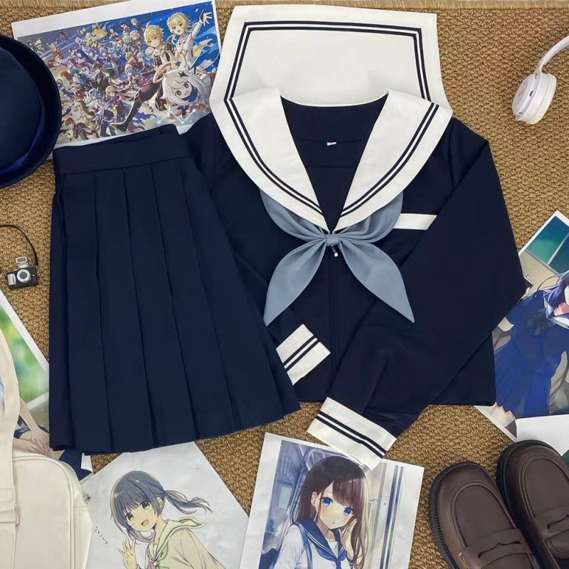 Original JK Uniform Genuine White Collar Cyan Two-dimensional Soft Sister Academic Style Basic Edition sailor dress pleated skirt for women Single skirt + calf socks 