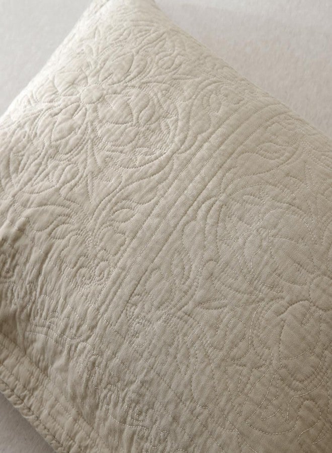 WINLIFE 100% Cotton Quilted Pillow Sham Floral Printed Pillow Cover Khaki/Taupe - Image 3