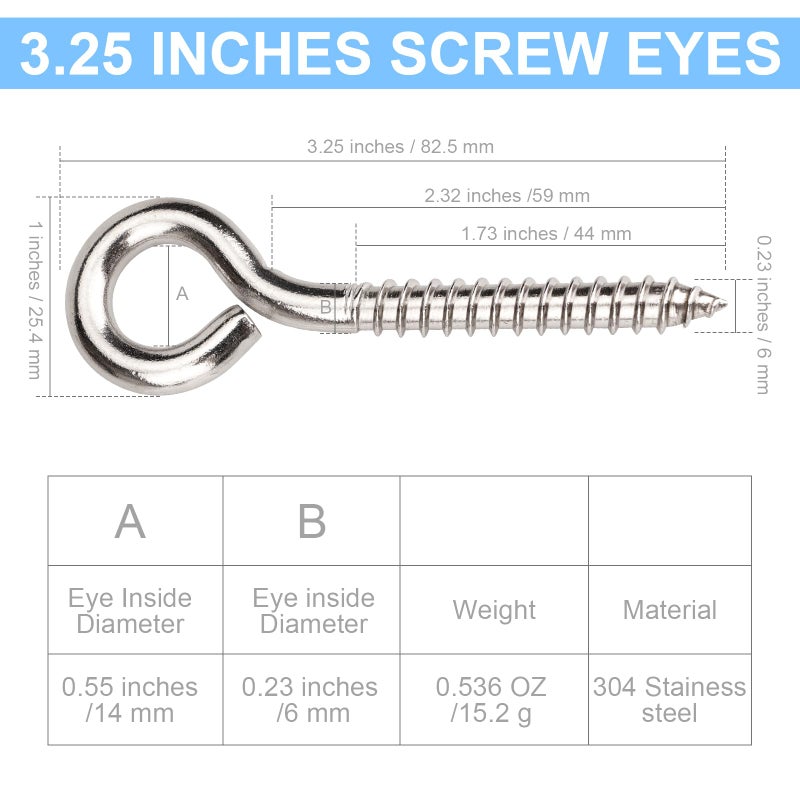 Aovchei Eye Screws  8Pcs 3.25 Inch Long  304 Heavy Duty Stainless Steel Screw Hooks  Rust-Resistant Self Tapping Eyelet Bolts For Wood  Securing Cables Wires  Indoor & Outdoor For Hanging Artwork - Image 2