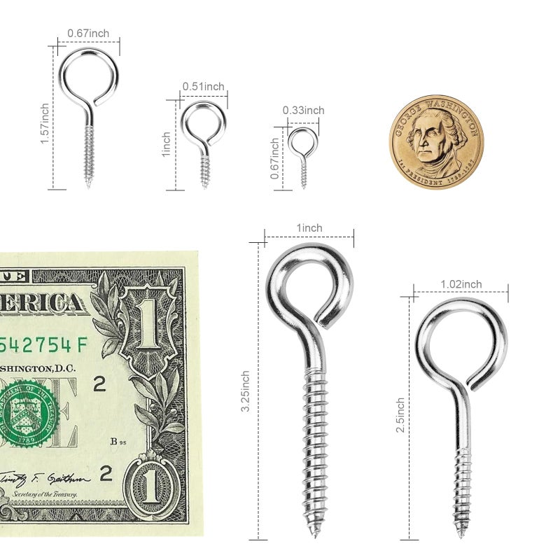 Aovchei Eye Screws  8Pcs 3.25 Inch Long  304 Heavy Duty Stainless Steel Screw Hooks  Rust-Resistant Self Tapping Eyelet Bolts For Wood  Securing Cables Wires  Indoor & Outdoor For Hanging Artwork - Image 5
