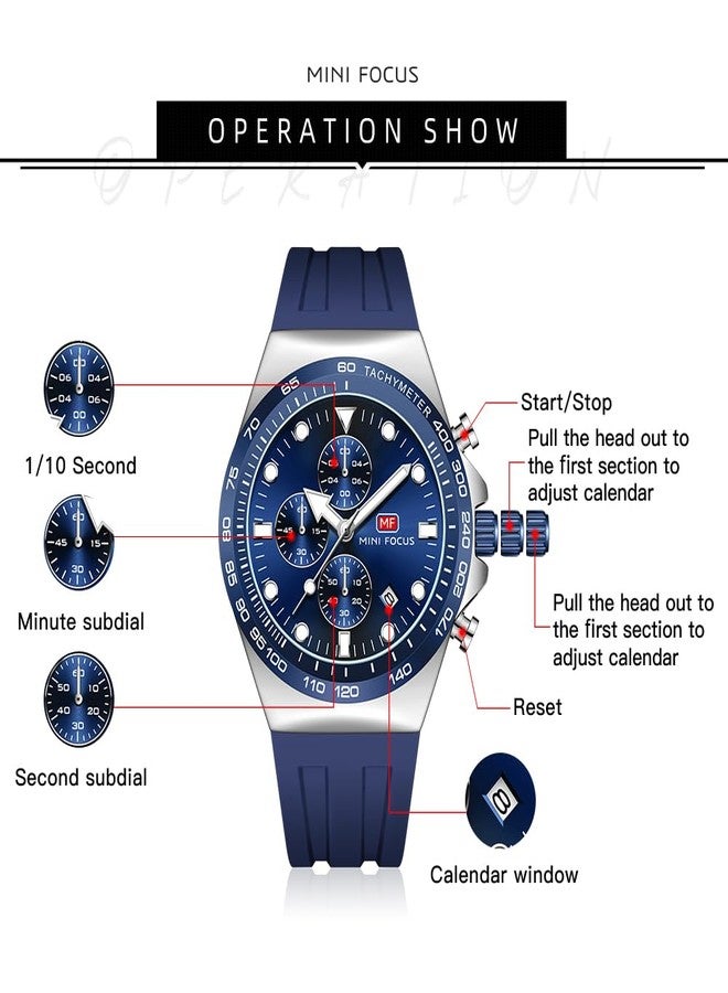 MF MINI FOCUS Men Watches Business Sport Wrist Watch (Chronograph/Waterproof/Luminous/Calendar) Silicon Band Fashion Casual Watches for Men (Blue_Silver) - Image 5