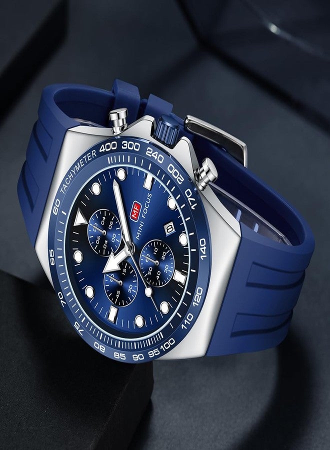 MF MINI FOCUS Men Watches Business Sport Wrist Watch (Chronograph/Waterproof/Luminous/Calendar) Silicon Band Fashion Casual Watches for Men (Blue_Silver) - Image 2