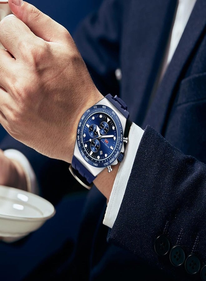 MF MINI FOCUS Men Watches Business Sport Wrist Watch (Chronograph/Waterproof/Luminous/Calendar) Silicon Band Fashion Casual Watches for Men (Blue_Silver) - Image 3