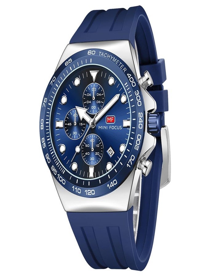 MF MINI FOCUS Men Watches Business Sport Wrist Watch (Chronograph/Waterproof/Luminous/Calendar) Silicon Band Fashion Casual Watches for Men (Blue_Silver) - Image 1