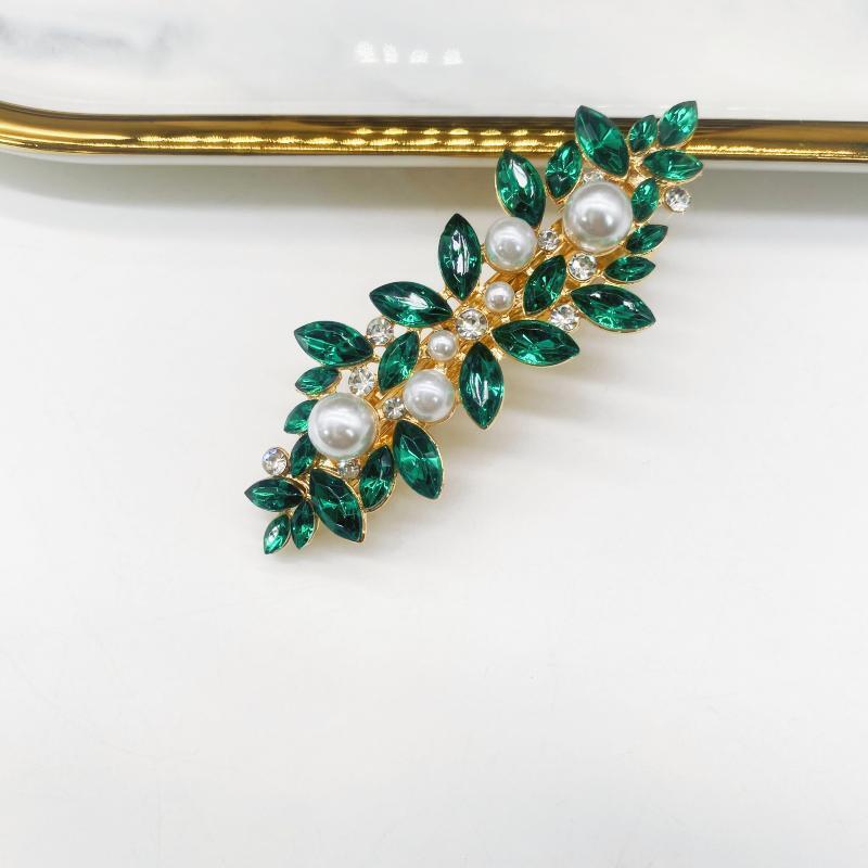 Spring Clip Rhinestone Elegant Hair Accessory Gold-Green Pearl - Image 1