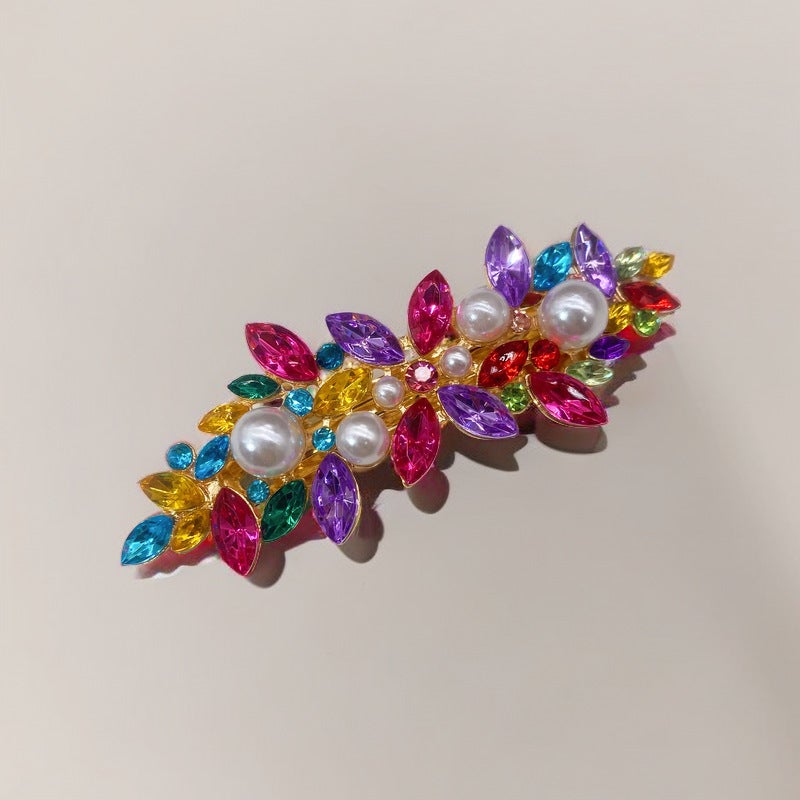 Spring Clip Rhinestone Elegant Hair Accessory Gold-Green Pearl - Image 2
