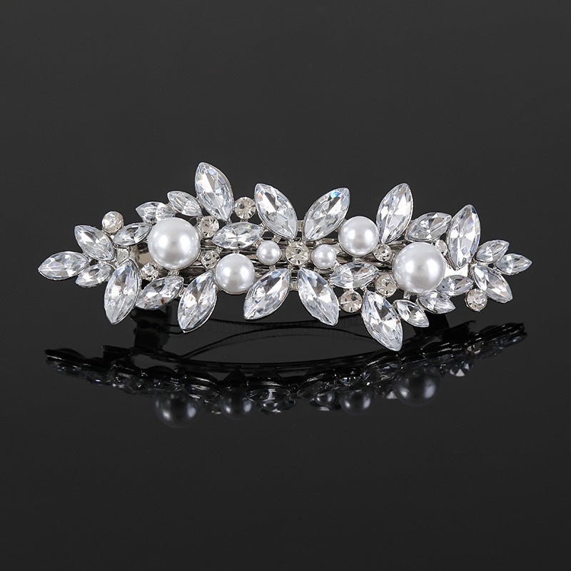Spring Clip Rhinestone Elegant Hair Accessory Gold-Green Pearl - Image 4