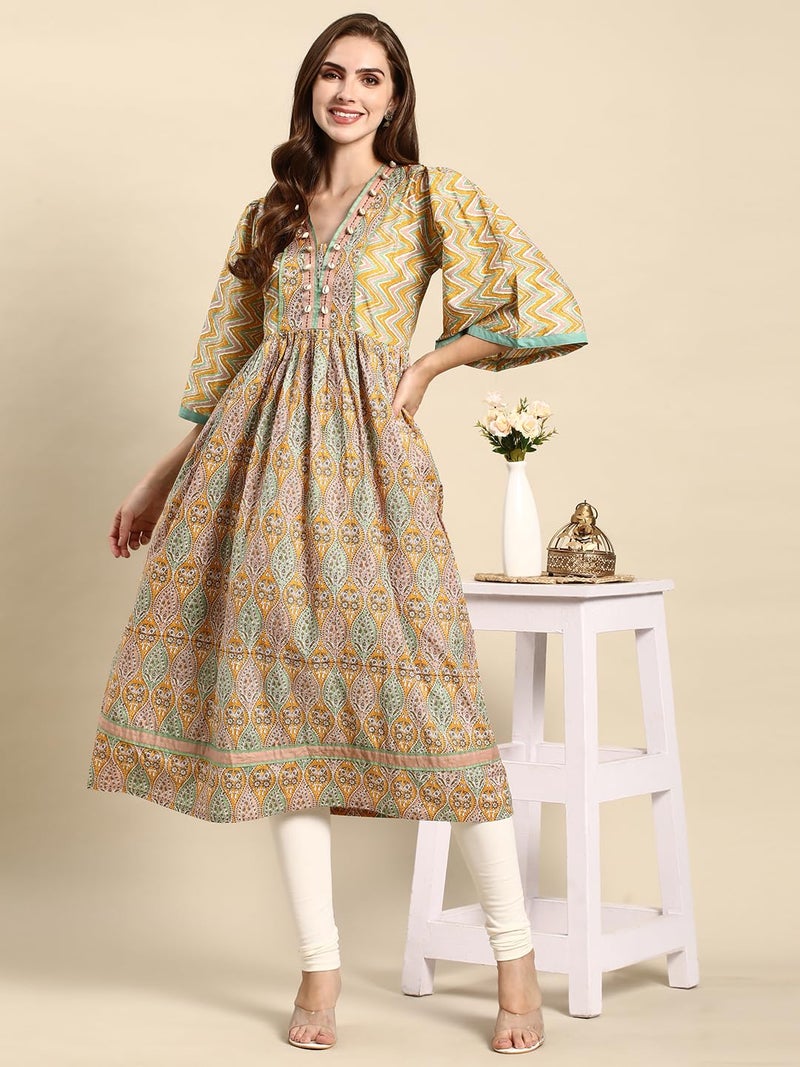 RATAN Women Cotton Regular Fit Printed Anarkali Paisley Shell Kurta (MOR-YLW-L_Yellow) - Image 5