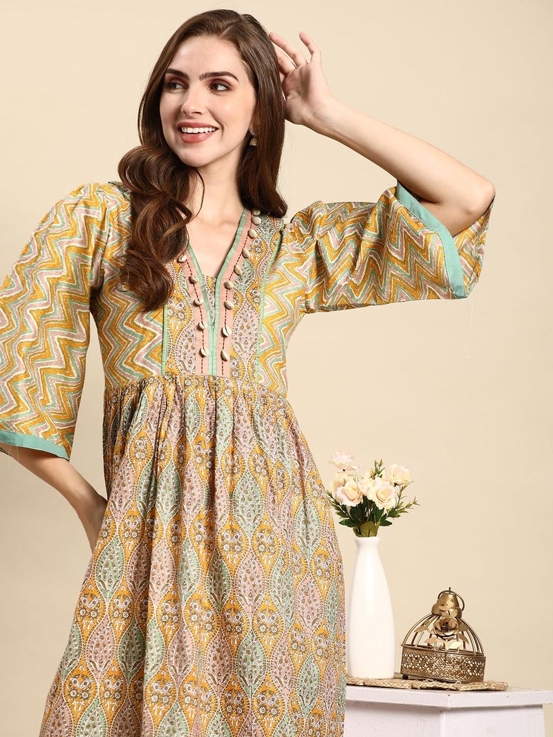 RATAN Women Cotton Regular Fit Printed Anarkali Paisley Shell Kurta (MOR-YLW-L_Yellow) - Image 2