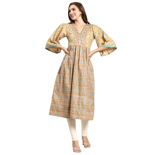 RATAN Women Cotton Regular Fit Printed Anarkali Paisley Shell Kurta (MOR-YLW-L_Yellow) - Image 1