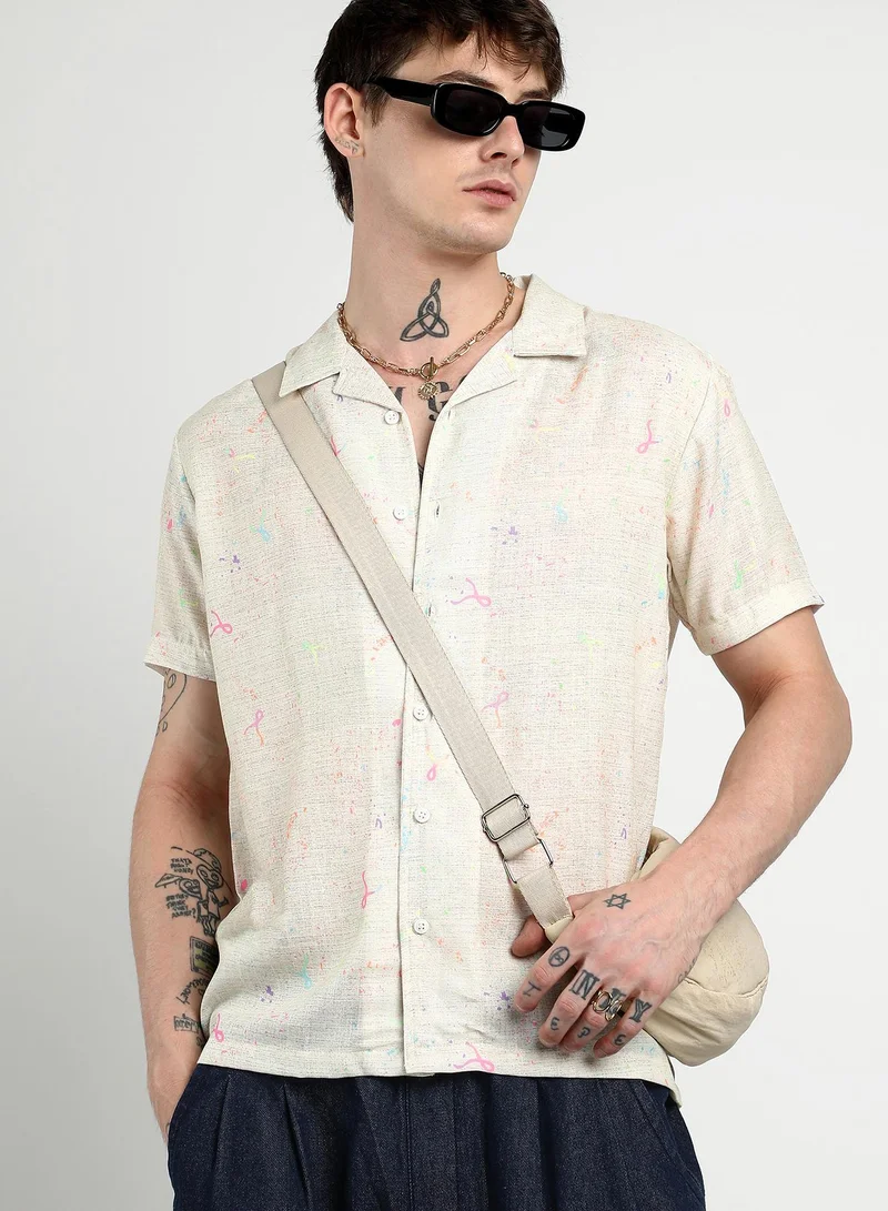 Campus Sutra Men's Off-White Heathered Drawn Shirt