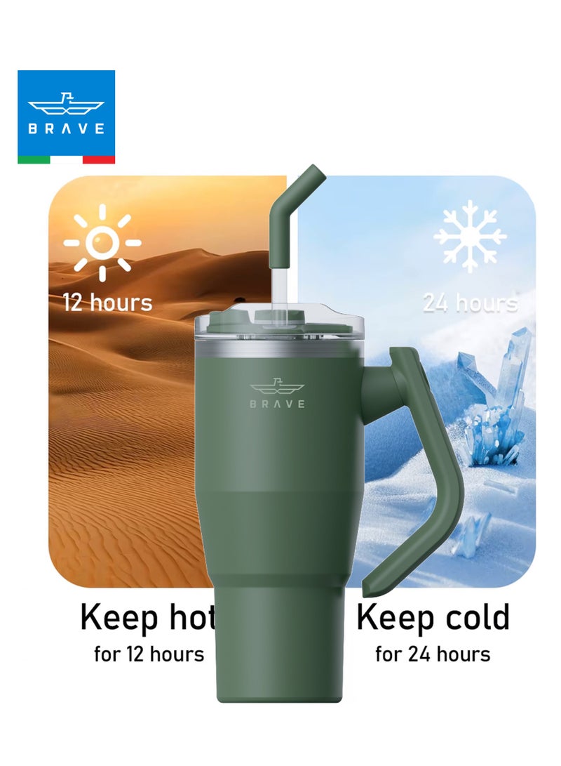 32oz (950ml) Stainless Steel Insulated Tumbler with 180° Rotating Handle and Lid with Straw, 100% Leak Proof Travel Coffee Mug, Double Wall Vacuum Insulated Tumbler, Keeps Drinks Cold for 24 Hours or Hot for 12 Hours, BPA Free, Durable, Reusable, Cup Holder Friendly, Large Coffee Mug and Water Bottle for Hot and Cold Drinks, Perfect for Office, Travel, Gym (Green)