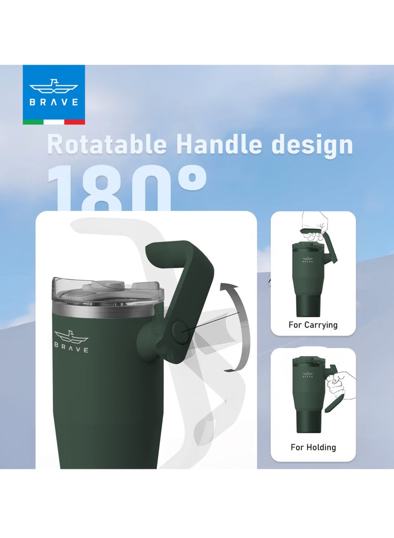 32oz (950ml) Stainless Steel Insulated Tumbler with 180° Rotating Handle and Lid with Straw, 100% Leak Proof Travel Coffee Mug, Double Wall Vacuum Insulated Tumbler, Keeps Drinks Cold for 24 Hours or Hot for 12 Hours, BPA Free, Durable, Reusable, Cup Holder Friendly, Large Coffee Mug and Water Bottle for Hot and Cold Drinks, Perfect for Office, Travel, Gym (Green)