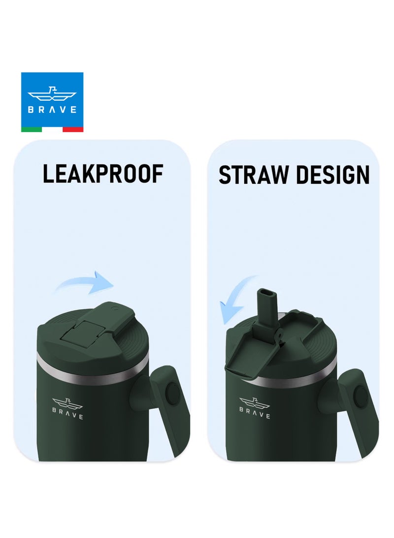 32oz (950ml) Stainless Steel Insulated Tumbler with 180° Rotating Handle and Lid with Straw, 100% Leak Proof Travel Coffee Mug, Double Wall Vacuum Insulated Tumbler, Keeps Drinks Cold for 24 Hours or Hot for 12 Hours, BPA Free, Durable, Reusable, Cup Holder Friendly, Large Coffee Mug and Water Bottle for Hot and Cold Drinks, Perfect for Office, Travel, Gym (Green)
