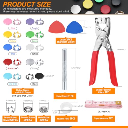 Rustark 808Pcs 10 Colors Snap Button Fastener with Pliers Tool Kit Includes 95mm Hollow and Solid Prong Snap Buttons Snaps Pliers Punching Tool Ruler and Sewing Chalk for DIY Sewing Crafting - Image 3