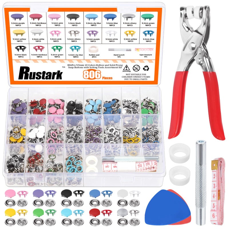 Rustark 808Pcs 10 Colors Snap Button Fastener with Pliers Tool Kit Includes 95mm Hollow and Solid Prong Snap Buttons Snaps Pliers Punching Tool Ruler and Sewing Chalk for DIY Sewing Crafting - Image 2