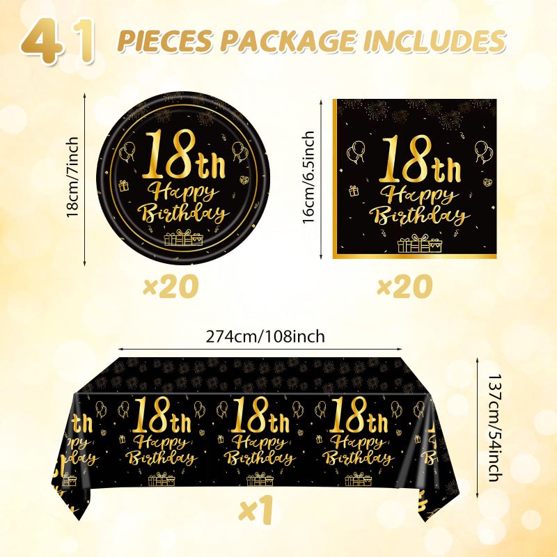 Juhap 41Pcs Happy 18th Birthday Party Decoration for Boys Men, Black Gold 18th Official Teenager Party Supplies, 18 Theme Birthday Party Decorations Tableware Includes Paper Plate Napkin Tablecloth - Image 2