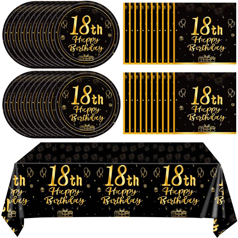 Juhap 41Pcs Happy 18th Birthday Party Decoration for Boys Men, Black Gold 18th Official Teenager Party Supplies, 18 Theme Birthday Party Decorations Tableware Includes Paper Plate Napkin Tablecloth - Image 1