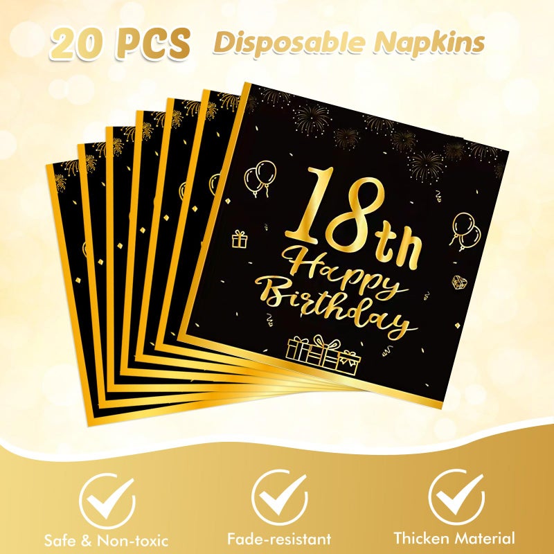 Juhap 41Pcs Happy 18th Birthday Party Decoration for Boys Men, Black Gold 18th Official Teenager Party Supplies, 18 Theme Birthday Party Decorations Tableware Includes Paper Plate Napkin Tablecloth - Image 4