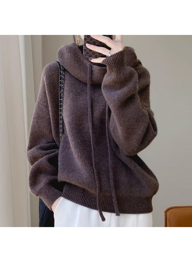 Women's Clothing  Lazy Wind Loose Solid Color Hooded Base Long Sleeve Knitted Sweater A Generation Of Hair