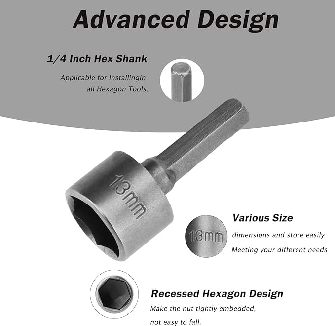 Veltrix - 9 PCS Nut Driver Drill Bit Set – 1/4" Hex Shank Socket Bits 5-13mm with Strong Sleeve Wrench & Chuck Adapter for Screws, Hooks, and Bolt Heads – Power Drill Accessories - Image 5