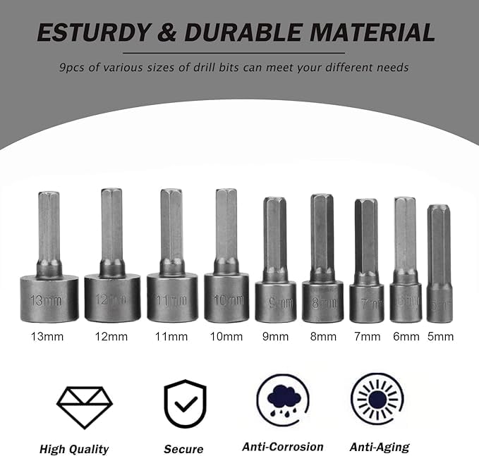 Veltrix - 9 PCS Nut Driver Drill Bit Set – 1/4" Hex Shank Socket Bits 5-13mm with Strong Sleeve Wrench & Chuck Adapter for Screws, Hooks, and Bolt Heads – Power Drill Accessories - Image 4