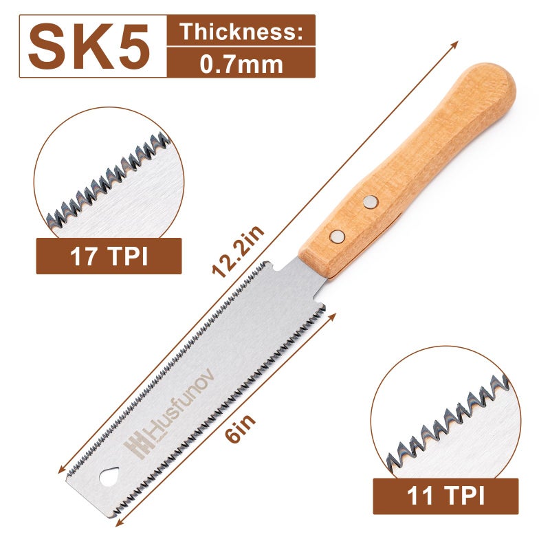 Husfunov Japanese Hand Saw, 6 Inch Pull Saw with Double Edges of 11/17 TPI, SK5 Flexible Blade Handle Wood Saws for Woodworking Tools - Image 2