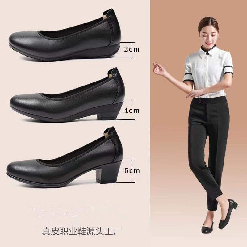Stewardess Work Shoes Women'S Black Genuine Leather Single Shoes Dress Mid-Heel High Heel Large Size Women'S Interview Shoes Professional Leather Shoes - Image 2
