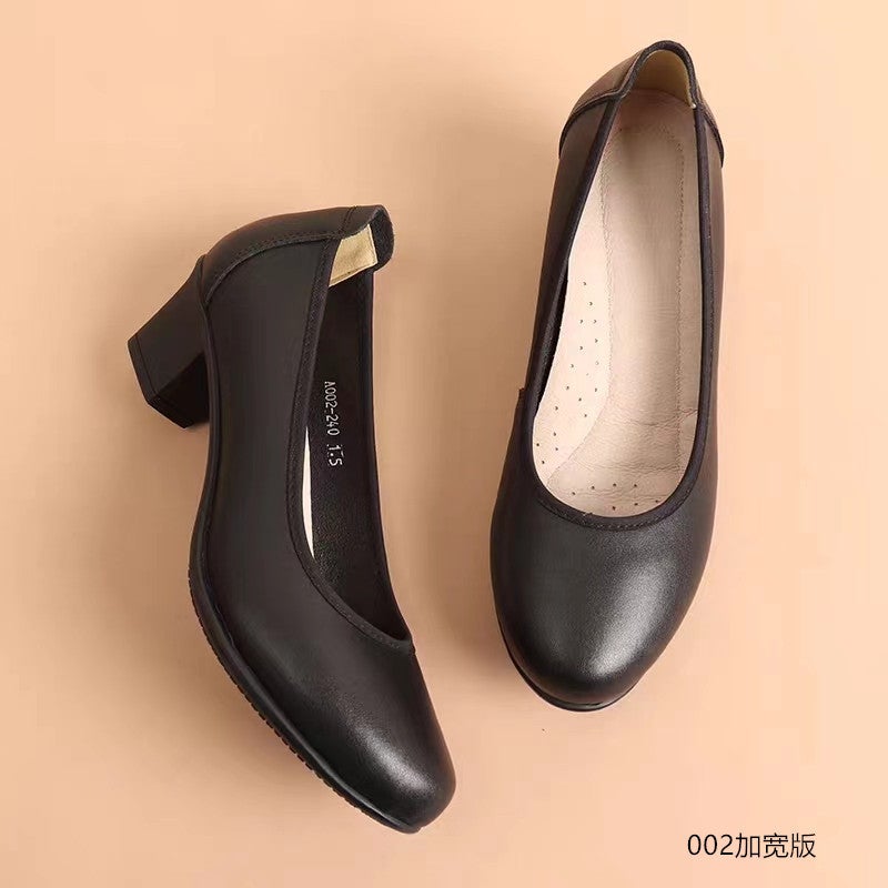 Stewardess Work Shoes Women'S Black Genuine Leather Single Shoes Dress Mid-Heel High Heel Large Size Women'S Interview Shoes Professional Leather Shoes - Image 1