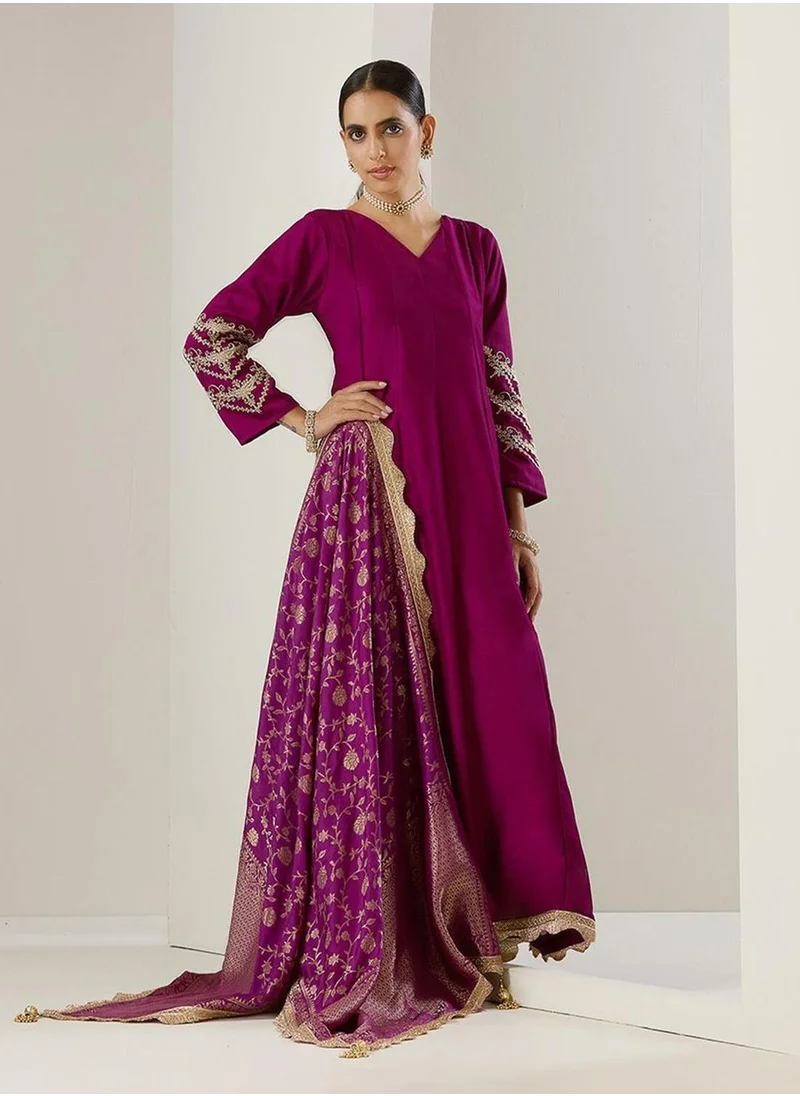 ISHIN Women's Purple Polyester Blend Embellished Midi Kaftan Straight Fit Dress