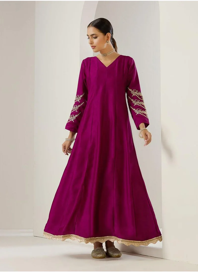 ISHIN Women's Purple Polyester Blend Embellished Midi Kaftan Straight Fit Dress