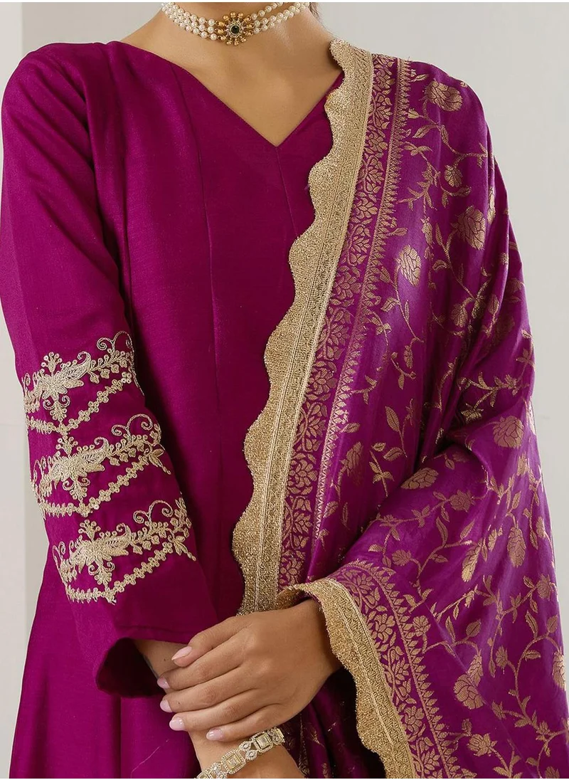 ISHIN Women's Purple Polyester Blend Embellished Midi Kaftan Straight Fit Dress
