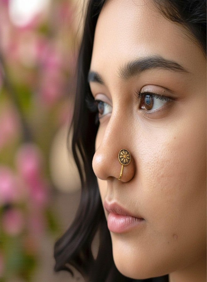 ACCESSHER Women's & Girls Antique Oxidised Gold-Toned Circular Mandala Clip-On Nose Pin Non-Pierced Adjustable Pressing Type Nose Ring Jewellery for Gift - Image 5