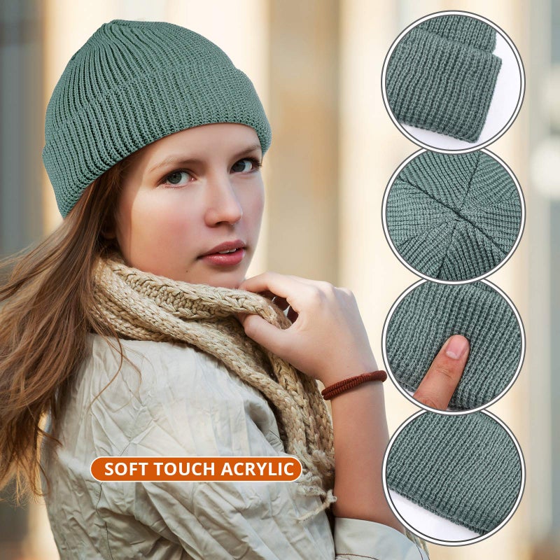 SATINIOR 4 Pieces Trawler Beanie Watch Hat Roll up Edge Skullcap Fisherman Beanie Unisex (Lake Blue, Green Grey, Navy Blue, Grey) - Image 2