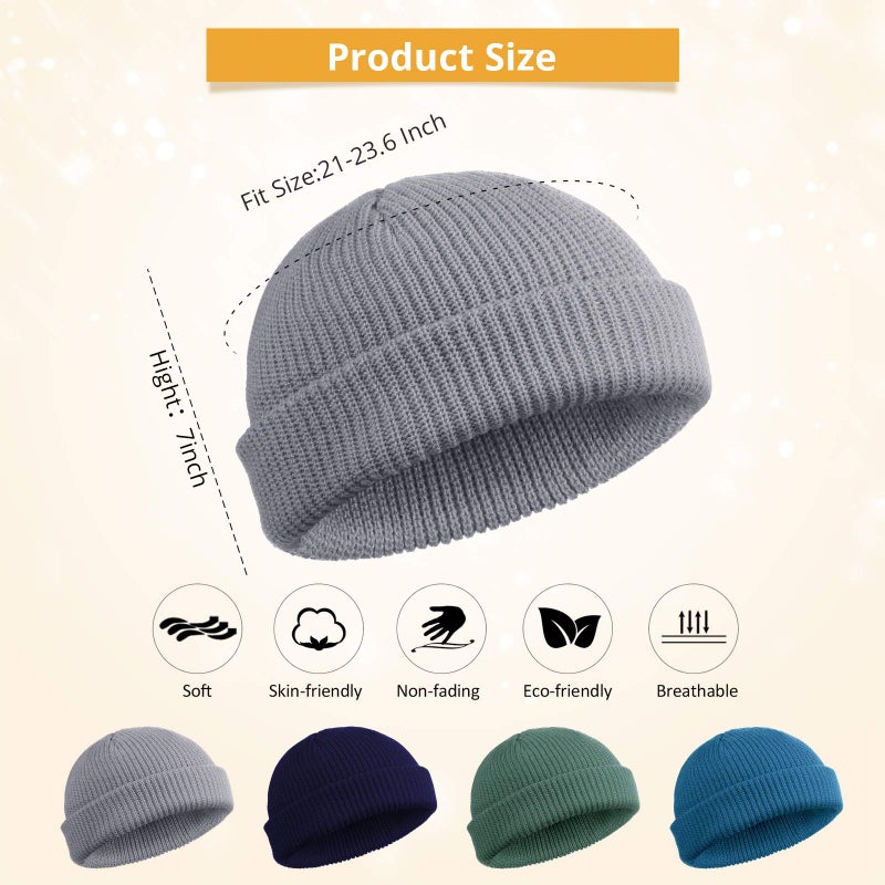 SATINIOR 4 Pieces Trawler Beanie Watch Hat Roll up Edge Skullcap Fisherman Beanie Unisex (Lake Blue, Green Grey, Navy Blue, Grey) - Image 3