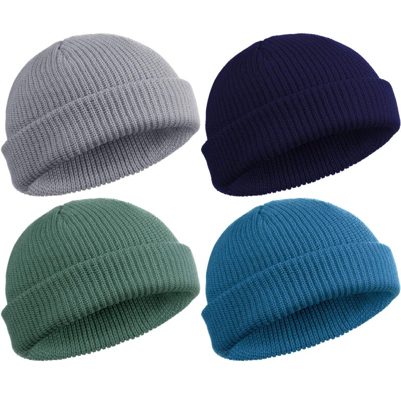 SATINIOR 4 Pieces Trawler Beanie Watch Hat Roll up Edge Skullcap Fisherman Beanie Unisex (Lake Blue, Green Grey, Navy Blue, Grey) - Image 1