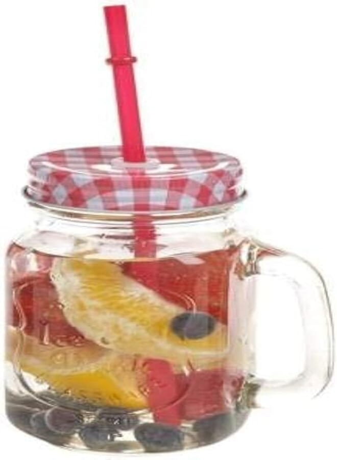 SAMJU Glass Drinking Mason Jar Cups with Handle & Wooden Carrier with Reusable Straws, Lids & Handles 490 ML (Mix Checks, 1)