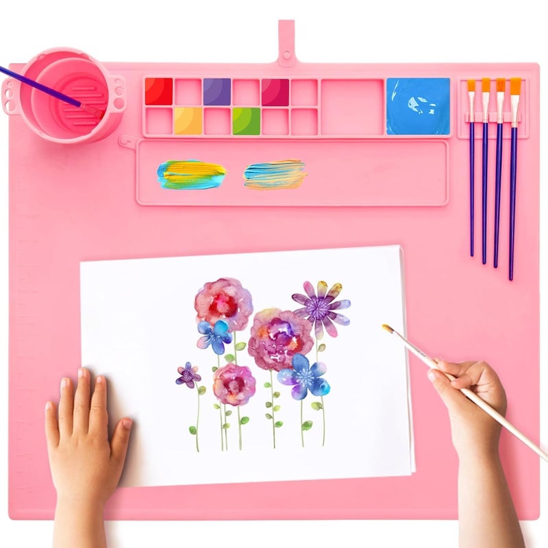 MELUDI Silicone Painting Mat Silicone Craft Mat with Cup and LidSilicone Art MatNon Stick Silicone Sheet for Resin DIY Clay Play Doh Pink - Image 1