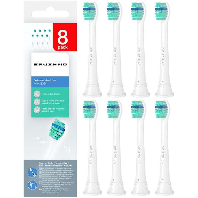 Brushmo Total Clean Replacement Toothbrush Heads Compatible with Philips Sonicare Clickon Electric Toothbrush Handles 8 Compact Heads for HardtoReach Areas Soft Dupont Bristles BM628 White