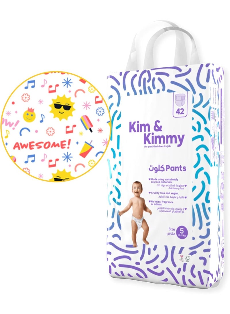 Kim & Kimmy سراويل حفاضات كيم وكيمي البيئية، الحجم 5، 12-17 كجم، 42 حفاضة - حماية من التسرب لمدة 12 ساعة، بدون طفح جلدي، مضادة للحساسية، فائقة النعومة وذات امتصاص عالي - خالية من القسوة ونباتية - أيقونات الصيف