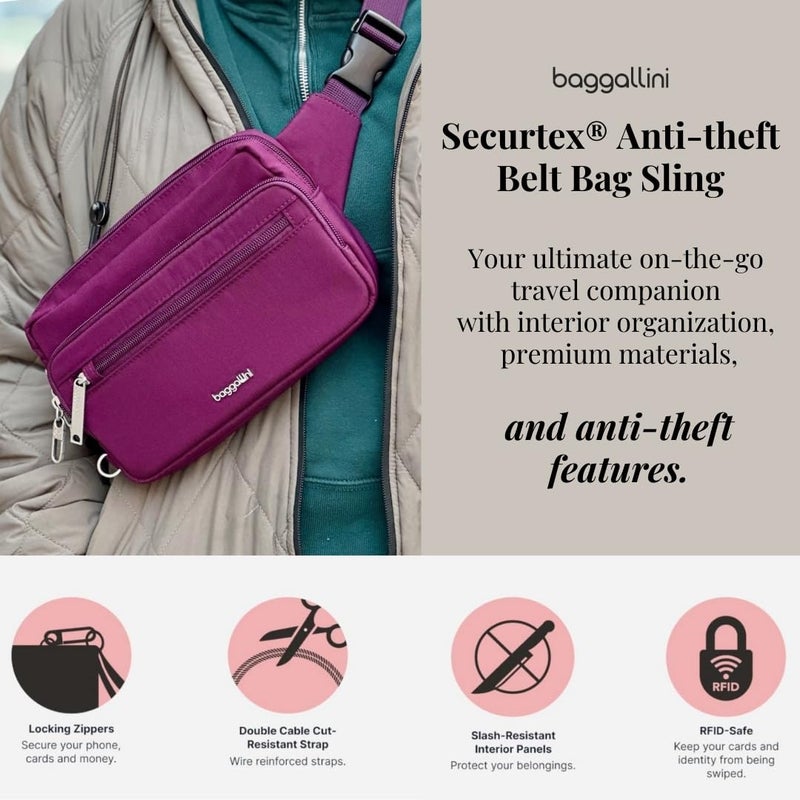 Baggallini حقيبة بغليني سكيورتيكس المضادة للسرقة بحزام 8.8"x5.5" للنساء مع قفل RFID وسحاب مؤمن للسفر - Image 2