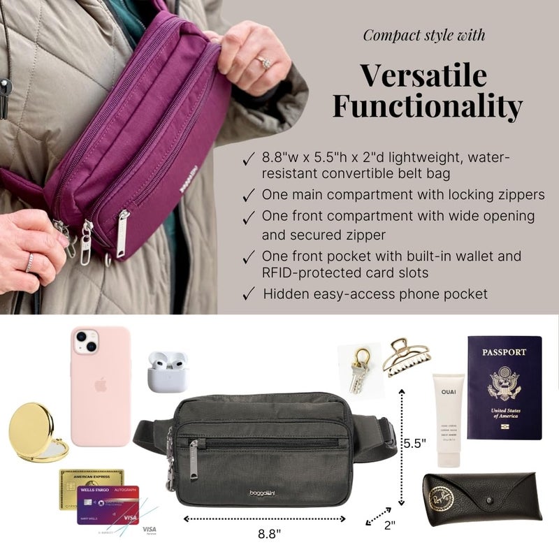 Baggallini حقيبة بغليني سكيورتيكس المضادة للسرقة بحزام 8.8"x5.5" للنساء مع قفل RFID وسحاب مؤمن للسفر - Image 4