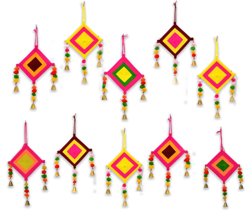 CraftVatika CraftVatika Kites Wall Pom Pom Hanging with Bells Strings Decoration for Home, Office, Door, Window, Haldi, Mehndi, Festival Decoration Items, Multicolor (10 Pc's)  - Image 2